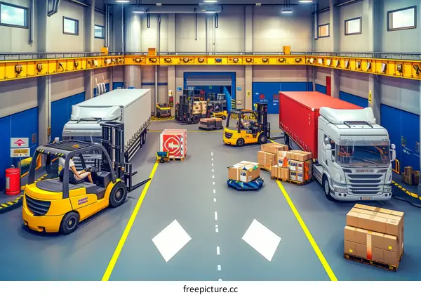 A warehouse with forklifts and trucks loading and unloading goods