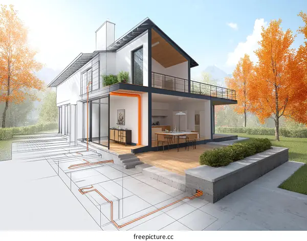 Modern House Design with Plumbing System Illustration