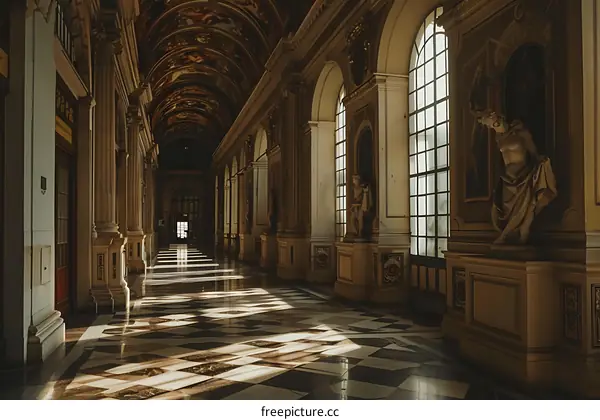 Long Hallway With Arched Windows and Statues in a Historic Palace