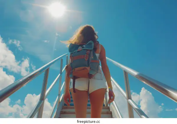 Young woman climbing up the stairs to the airplane with her backpack on