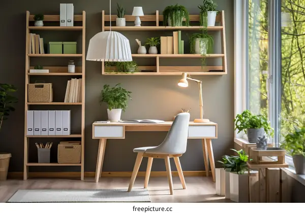 A desk in front of a window with a lot of plants on shelves on the wall