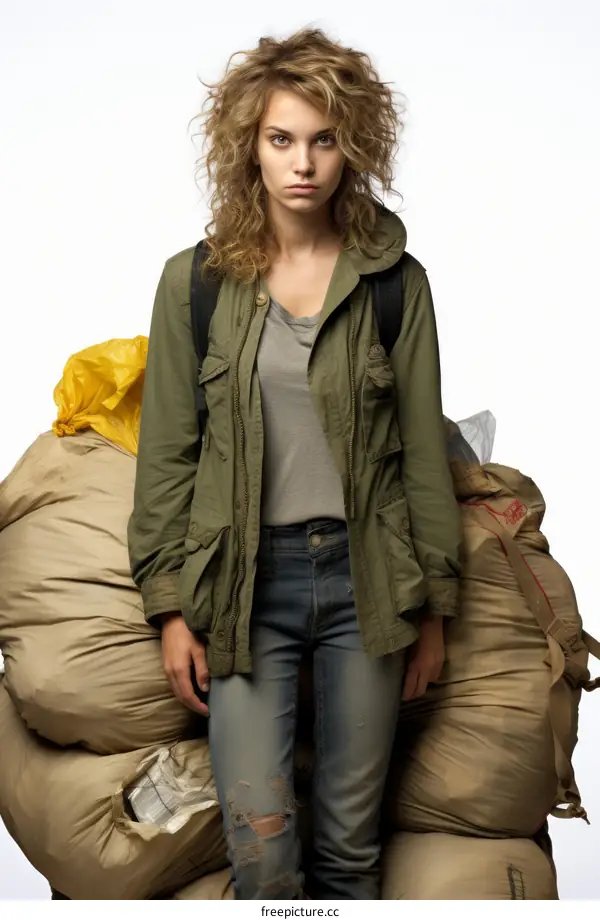 Woman with Garbage Bags Expresses Concern