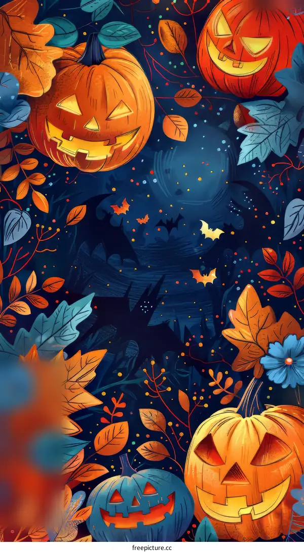 Halloween Pumpkin and Bats with Autumn Leaves