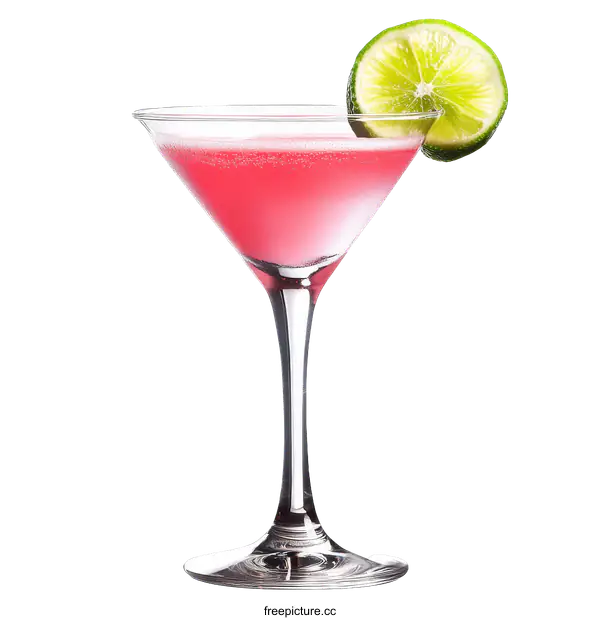 [Transparent Background PNG]Pink Cocktail in Martini Glass with Lime