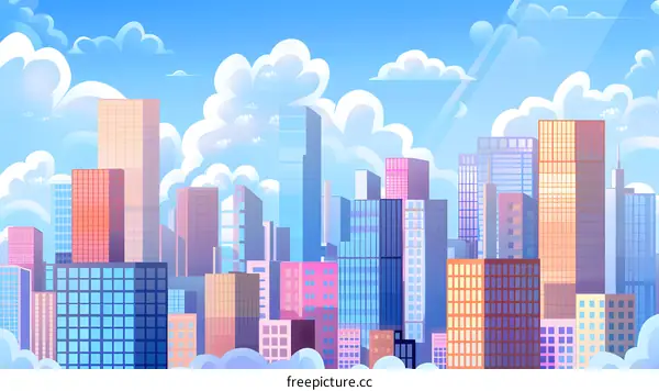 Cartoon Cityscape Illustration With Blue Sky and White Clouds