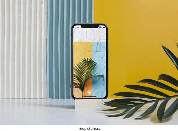 Mobile Phone Mockup With Palm Leaf And Colorful Background