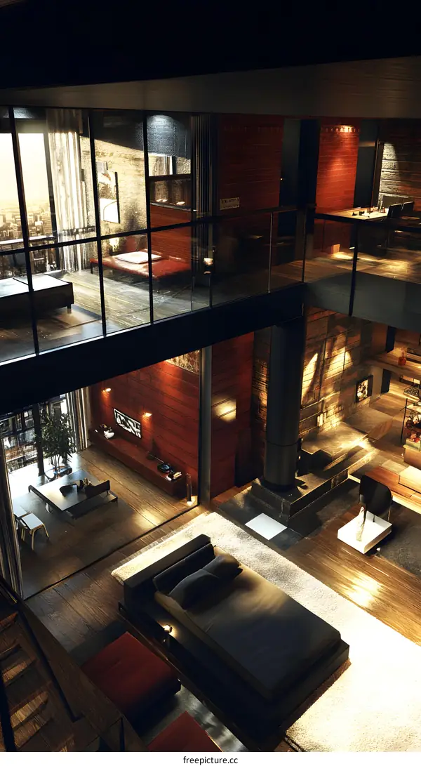 Modern Home Interior Design With Open Floor Plan and  Floor to Ceiling Windows