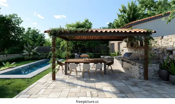 Modern Backyard Patio With Swimming Pool And Outdoor Kitchen