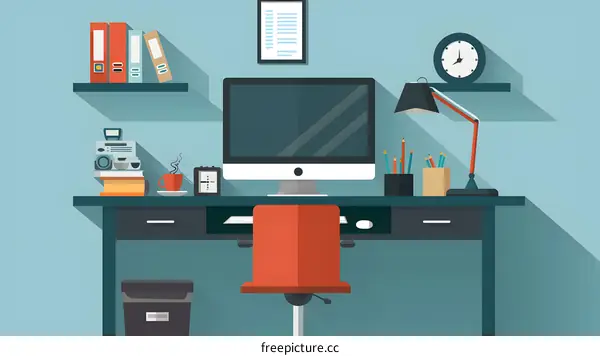 Modern Flat Design Illustration of a Work Desk with a Computer, Office Supplies, and a Chair