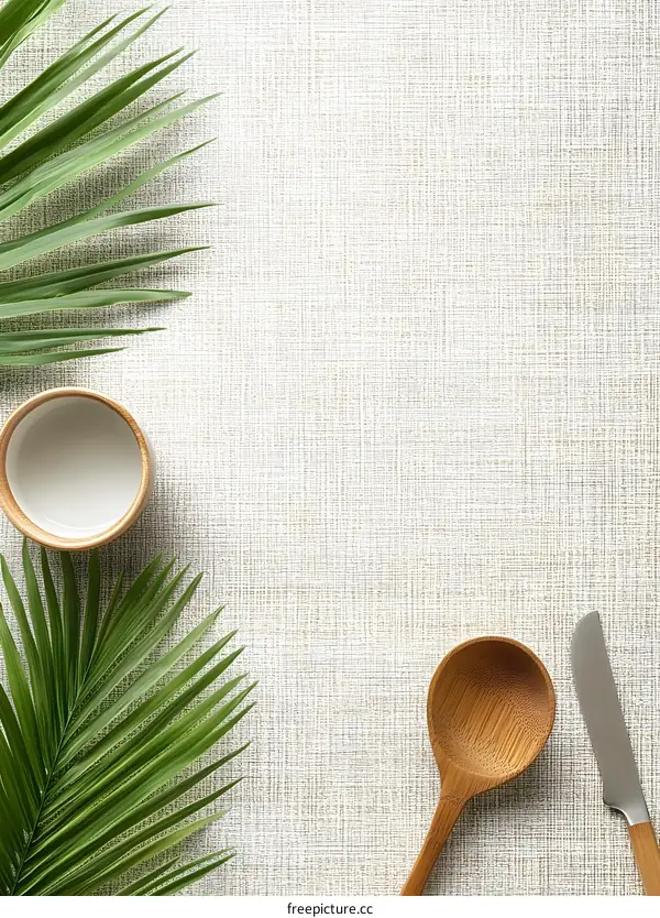 Minimalist Kitchen Flat Lay with Palm Leaves and Wooden Utensils