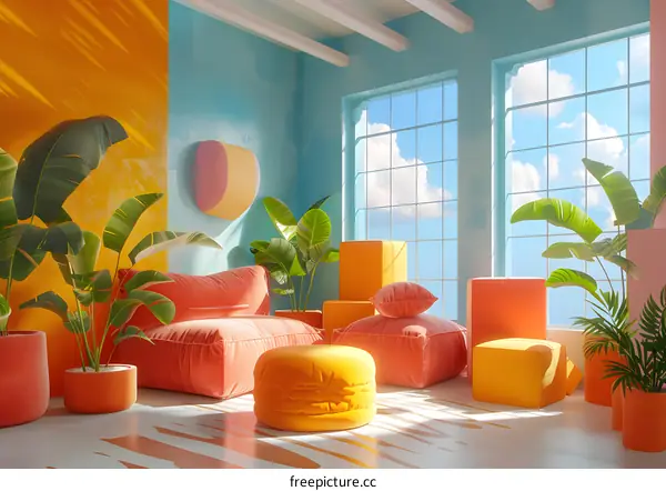 A 3D rendering of a living room with large windows, plants, and colorful furniture.