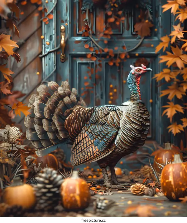 A turkey standing next to a pile of pumpkins