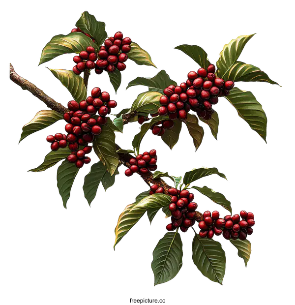 [Transparent Background PNG]Coffee Plant Branch with Berries and Leaves