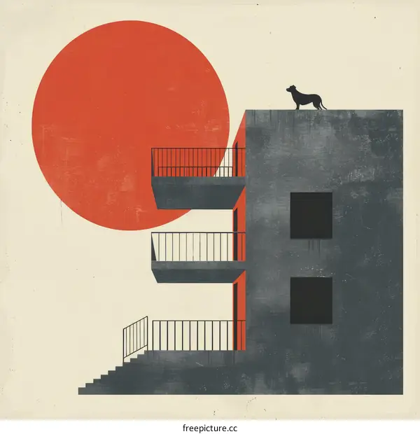 dog on the building rooftop watching the sunrise