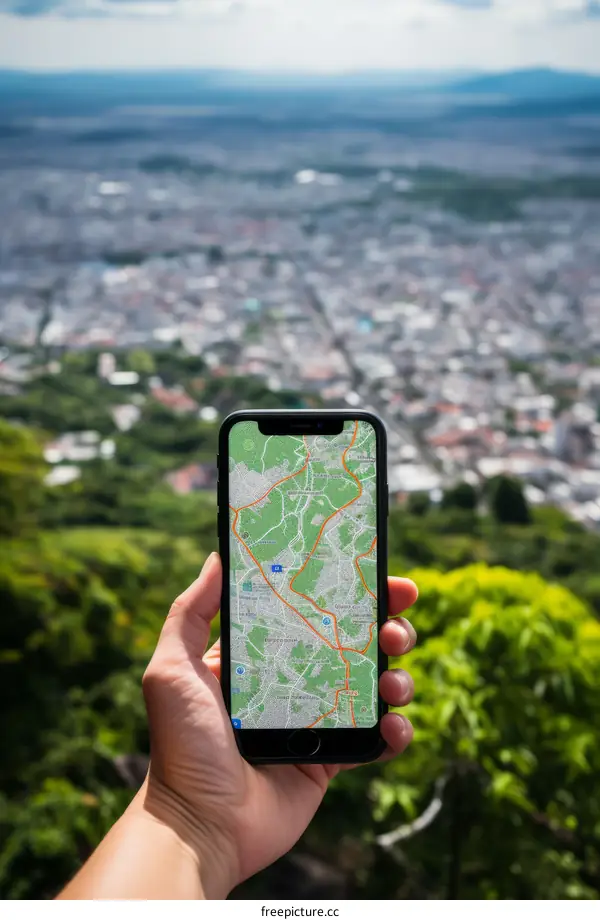 A hand holding a smartphone with a map of a city on the screen