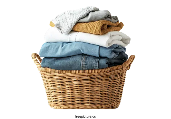 [Transparent Background PNG]Laundry Basket Filled with Folded Clothes