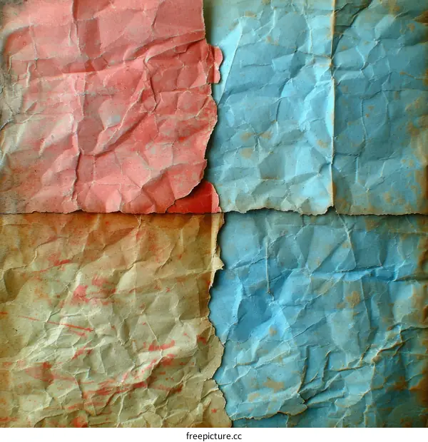 Four crumpled paper sheets in different colors