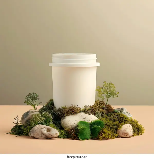 White Container Mockup Surrounded by Green Moss and Rocks