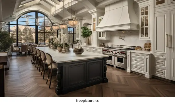 Kitchen island with luxury appliances and vaulted ceiling
