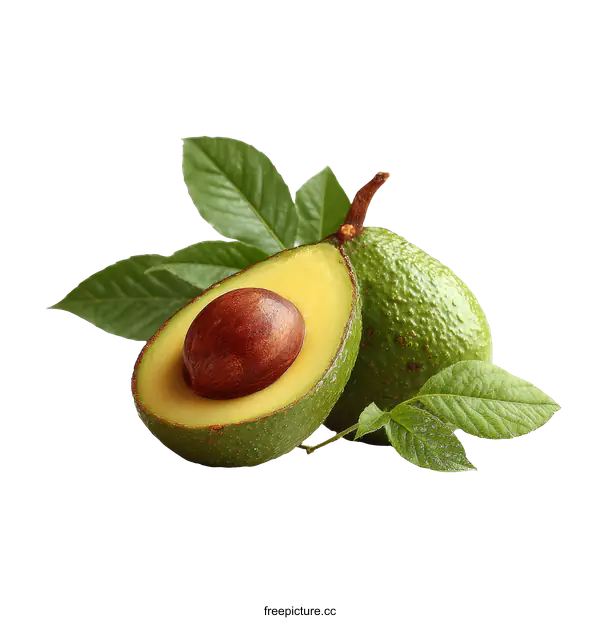 [Transparent Background PNG]Fresh Avocado with Leaves on White Background