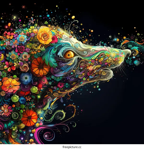 A psychedelic floral wolf with intricate patterns and vibrant colors