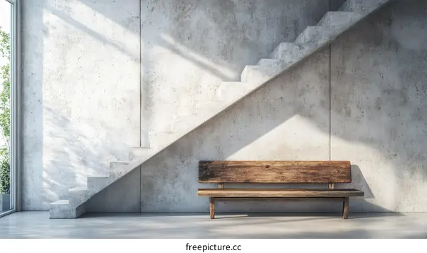 Modern Concrete Interior Design with Wooden Bench and Stairs