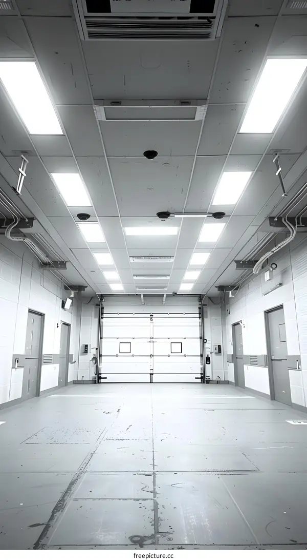 Empty Industrial Building Interior With Large Garage Door