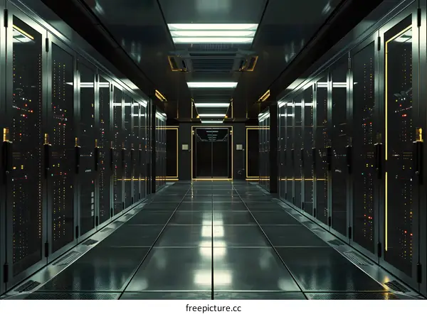 Futuristic server room with supercomputers