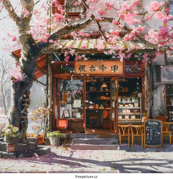 An illustration of a Japanese restaurant with cherry blossoms