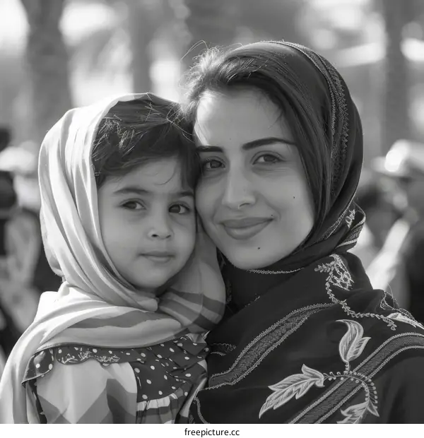 A mother and her daughter are wearing headscarves.
