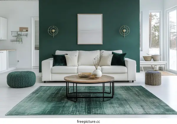 Modern Living Room with Deep Green Rug
