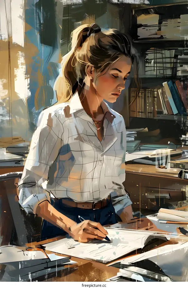 woman in white shirt writing at desk
