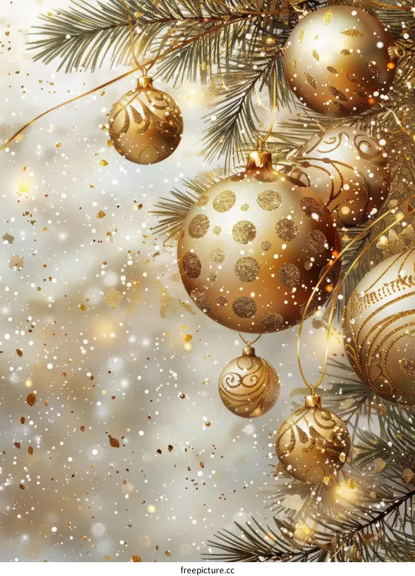 Christmas decorations with golden balls hanging on a fir tree branch