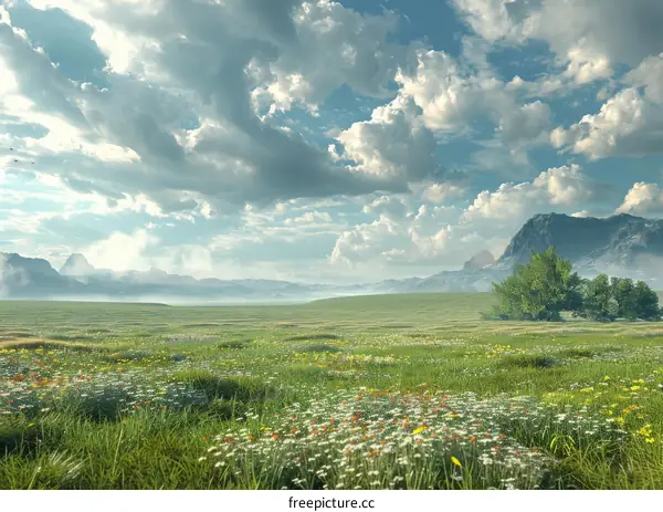 Prairie Landscape: Sky, Mountains, and Wildflowers