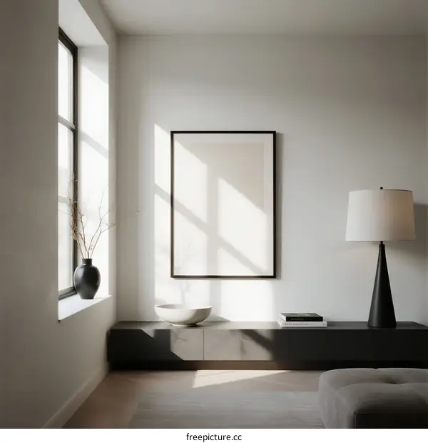 Minimalist living room with large window and blank frame