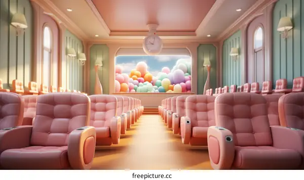 An Empty Theater with Pink Seats and a Large Screen Showing a Colorful Balloon Backdrop