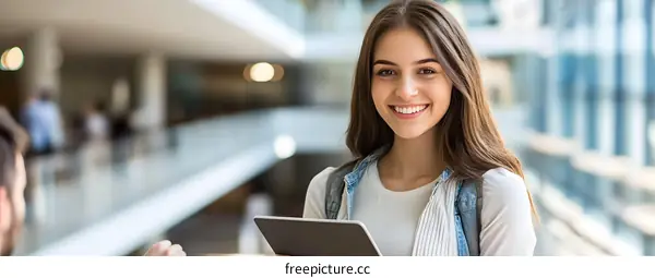 Smiling Woman Holding Tablet in Modern Building