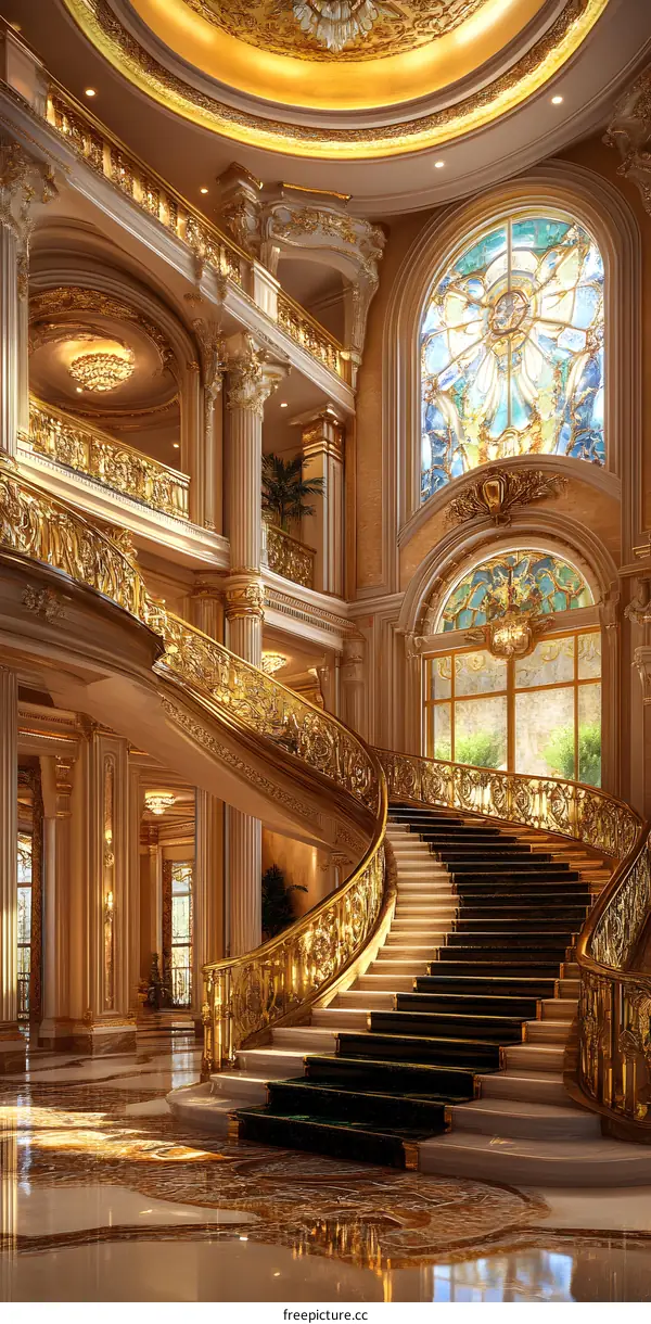 Gold and Marble Grand Staircase in a Luxurious Mansion