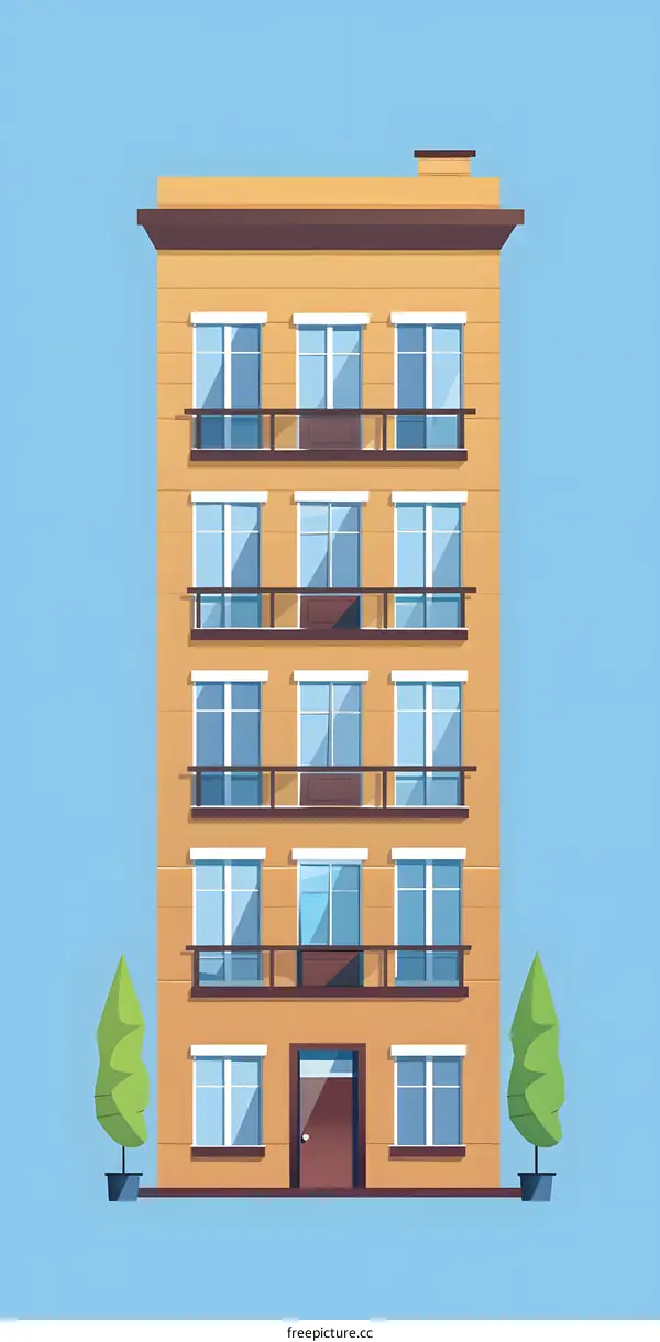 Modern Brown Building With Balconies And Two Green Trees