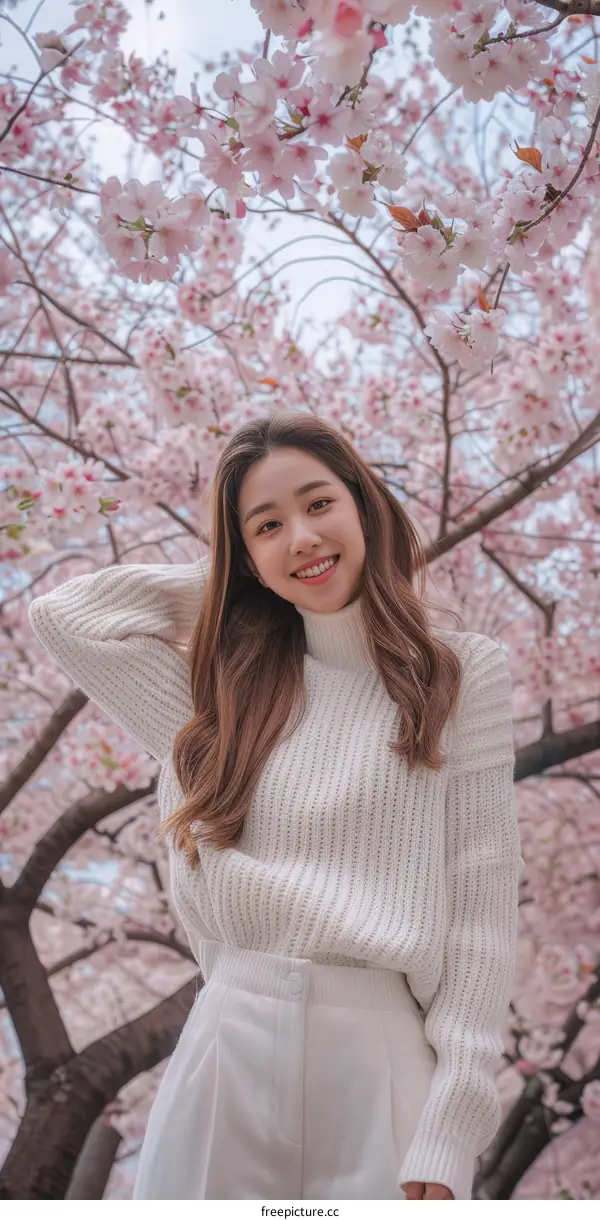 Asian woman in white posing under cherry blossom tree