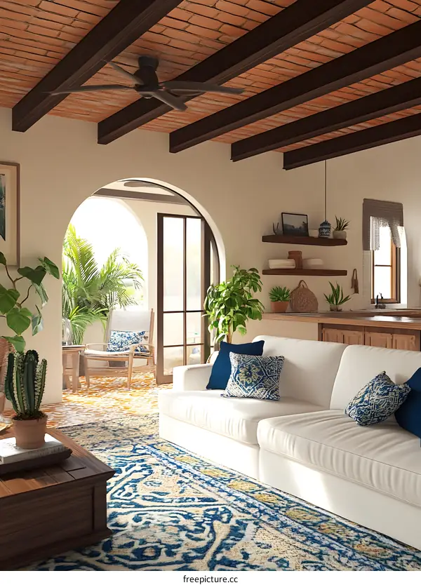 Interior Design with White Couch and Blue Pillows in Living Room