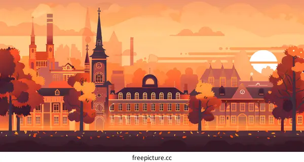 Autumn Sunset Cityscape Illustration