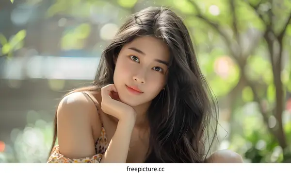 Portrait of a Beautiful Young Woman with Long Black Hair