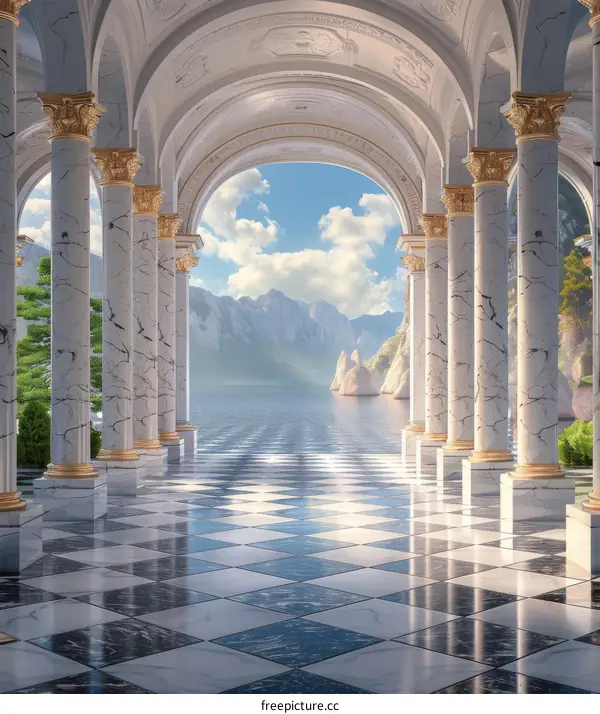 Majestic Colonnaded Hall with Mountain View