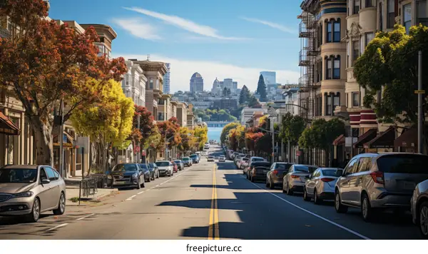 Street lined with parked cars and autumn trees