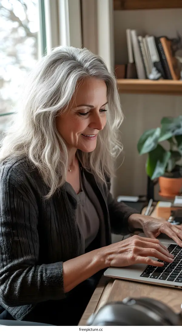 Smiling Senior Woman Working on Laptop at Home