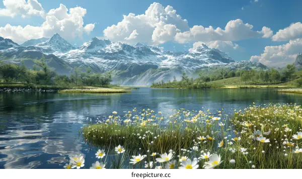 Majestic Mountain Lake with Blooming Flowers