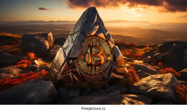 A large rock with a Bitcoin symbol on it sits in a rocky field at sunset.