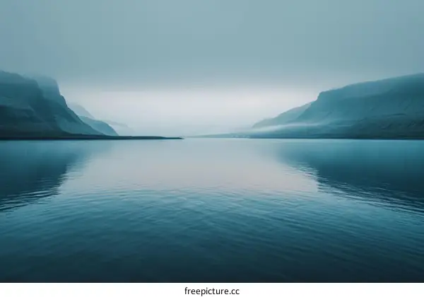 Misty fjord landscape with high cliffs and calm water