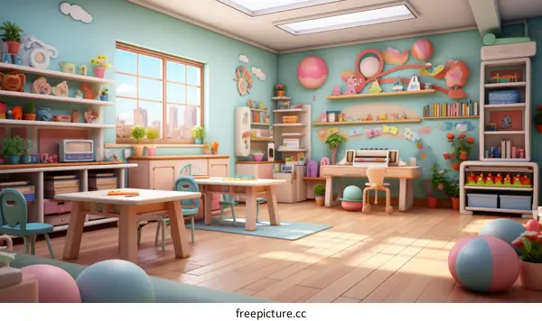 A colorful classroom with a variety of toys and learning materials